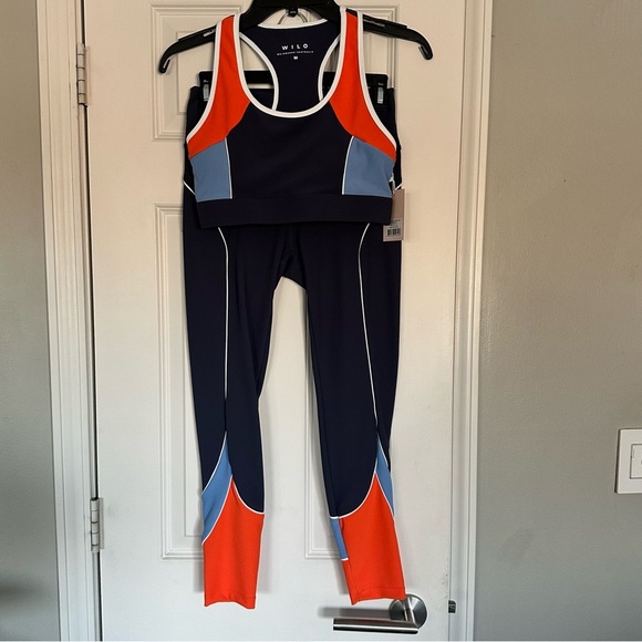 NWT WILO THE LABEL 2 Piece Ribbed Racer Panel Bra Legging Set Navy Orange Sz M - Picture 2 of 10